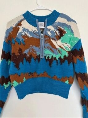 BDG Multicolor Mountain Scene 1/4 Zip Mock Neck Pullover Sweater Blue & Brown XS